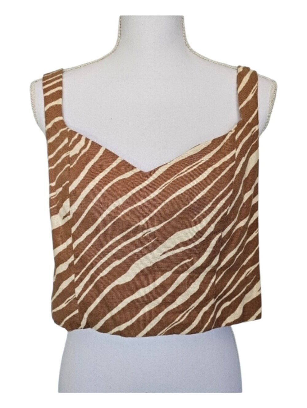 A New Day Brown Cream Zebra Print Linen Blend Cropped Tank Top Women's Size M